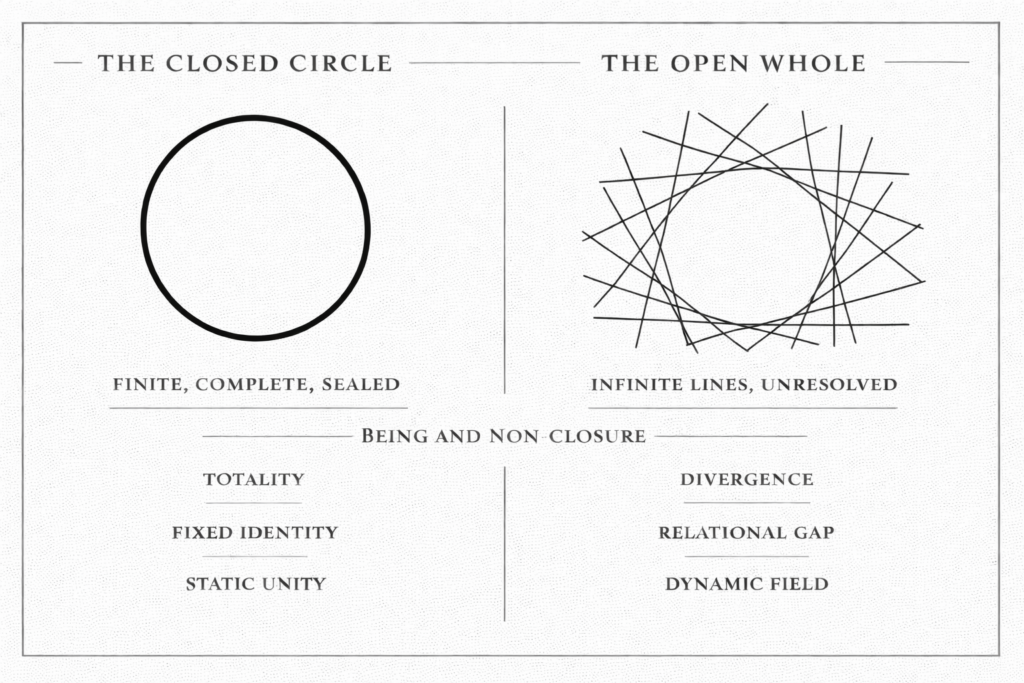 This diagram contrasts two ontological models of form. The left image presents the classical fiction of being as a closed circle: self-identical, complete, bounded, and internally resolved. It represents the metaphysical desire for totality—a world made of finished objects whose coherence is given in advance. The right image presents my alternative: being not as closure, but as a circular effect produced through an indefinite set of straight trajectories. What appears whole is not sealed. It is generated through relation, repetition, and asymptotic approach. The form holds, but it does not close. In this sense, reality is not a perfect circle but an open whole: coherent yet incomplete, structured by convergence without final resolution. The image therefore stages a basic ontological claim: closure is an idealization, whereas actual being is relational, non-total, and constituted through a remainder that no form fully absorbs.