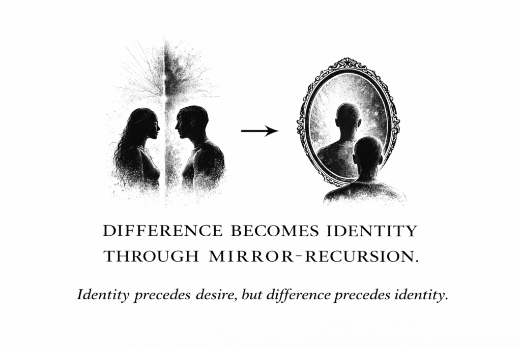 Black-and-white conceptual graphic showing two silhouetted figures facing each other, separated by a vertical split, with an arrow leading to an ornate mirror reflecting a figure from behind and from the front, above the text “Difference becomes identity through mirror-recursion.”
