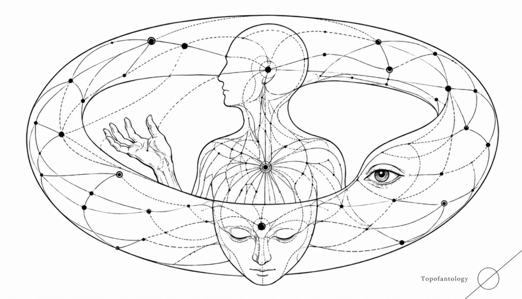 Black-and-white line drawing of a human figure, open hand, eye, and mask-like face woven into a looping torus-like network of nodes and paths, representing Mind as a distributed relation across body, perception, memory, technology, and boundary.
