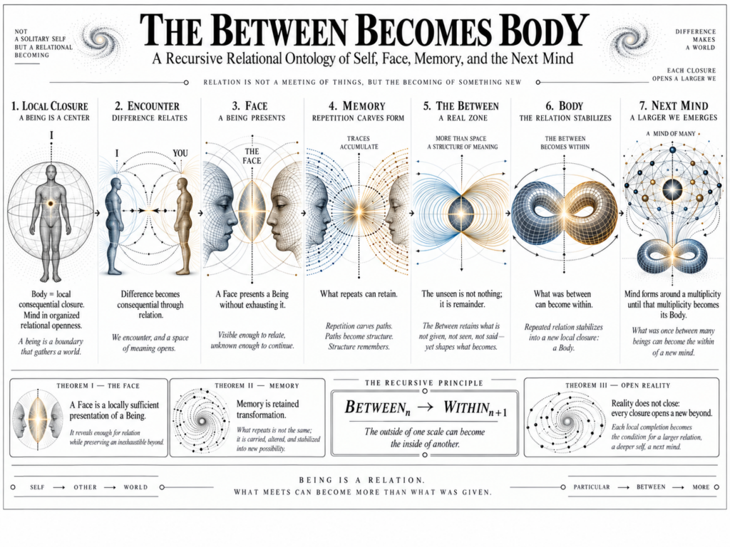 A wide philosophical infographic in a mostly black-and-white style with subtle blue and gold accents. At the top, the title reads “The Between Becomes Body” with the subtitle “A Recursive Relational Ontology of Self, Face, Memory, and the Next Mind.” The central band is organized into seven numbered vertical panels: 1. Local Closure shows a human figure inside a spherical field; 2. Encounter shows two human figures facing each other across a shared relational space; 3. Face shows two faces in profile with a luminous lens-shaped opening between them; 4. Memory shows repeating arcs and traces accumulating around a bright center; 5. The Between shows a vesica-like zone of relation as a real ontological space; 6. Body shows the relational field stabilizing into a torus or infinity-shaped structure; 7. Next Mind shows a larger networked sphere emerging from the stabilized relation. Below these panels are smaller theorem boxes on The Face, Memory, The Recursive Principle, and Open Reality, with short philosophical statements and simplified geometric diagrams. At the center bottom, a formula-like statement reads “Betweenₙ → Withinₙ₊₁”, expressing the idea that what is between at one level can become internal at the next. A concluding line along the bottom states that being is a relation and that what meets can become more than what was given.