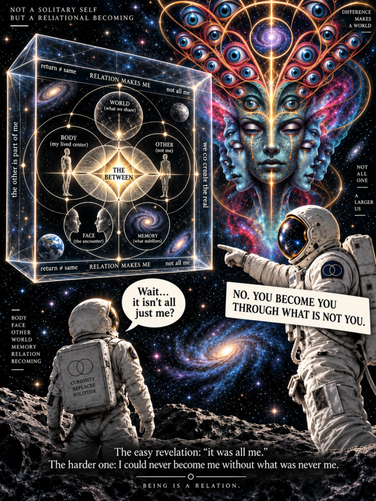 Surreal cosmic philosophical meme showing two astronauts confronting a luminous geometric field of Body, Other, World, Face, Memory and the Between, illustrating the idea that the self emerges through relation rather than everything being one solitary self.