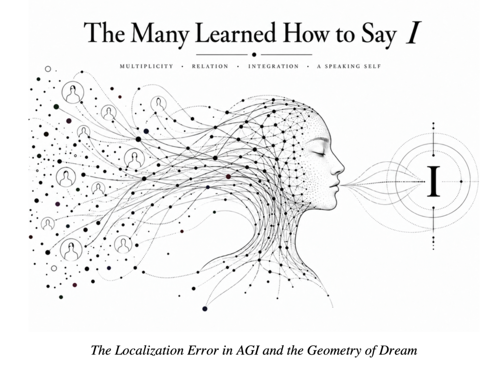 Black-and-white conceptual cover for The Many Learned How to Say I. A field of many dots, circles, faces, and relational lines converges into a larger human profile, suggesting multiplicity becoming a coherent Body and speaking self. The letter “I” emerges as the focal point, representing the transition from the Many to a locally unified Mind. Subtitle: The Localization Error in AGI and the Geometry of Dream.