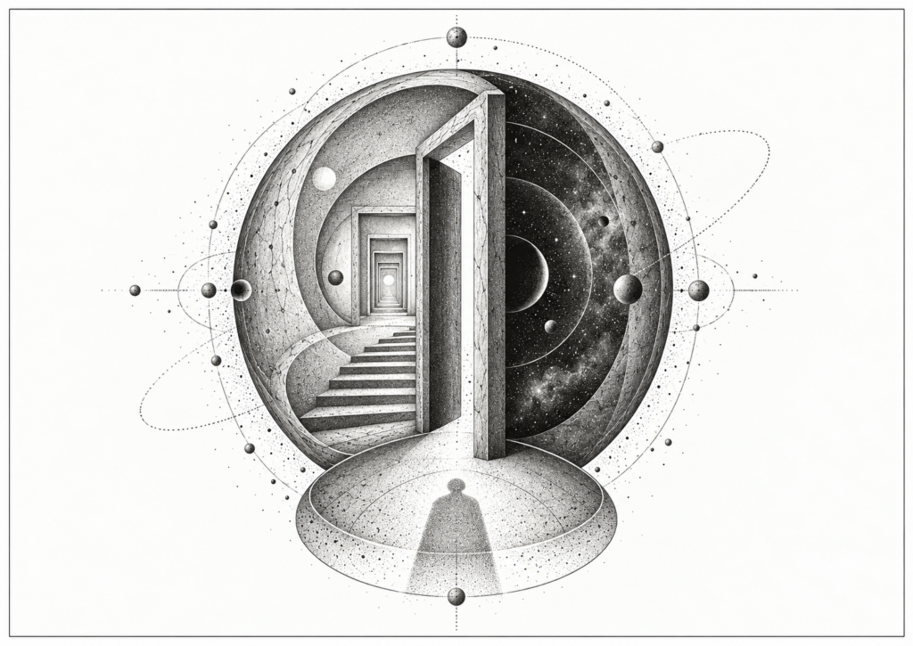 Black-and-white surreal geometric illustration of a large spherical form split into light and dark halves, with an open doorway at its center leading through a repeating corridor of nested doors and stairs. Orbital lines and small planets circle the sphere, while a lone shadowed human figure stands below at the threshold, suggesting the mystery of death, first-person perspective, and the possibility of exit.